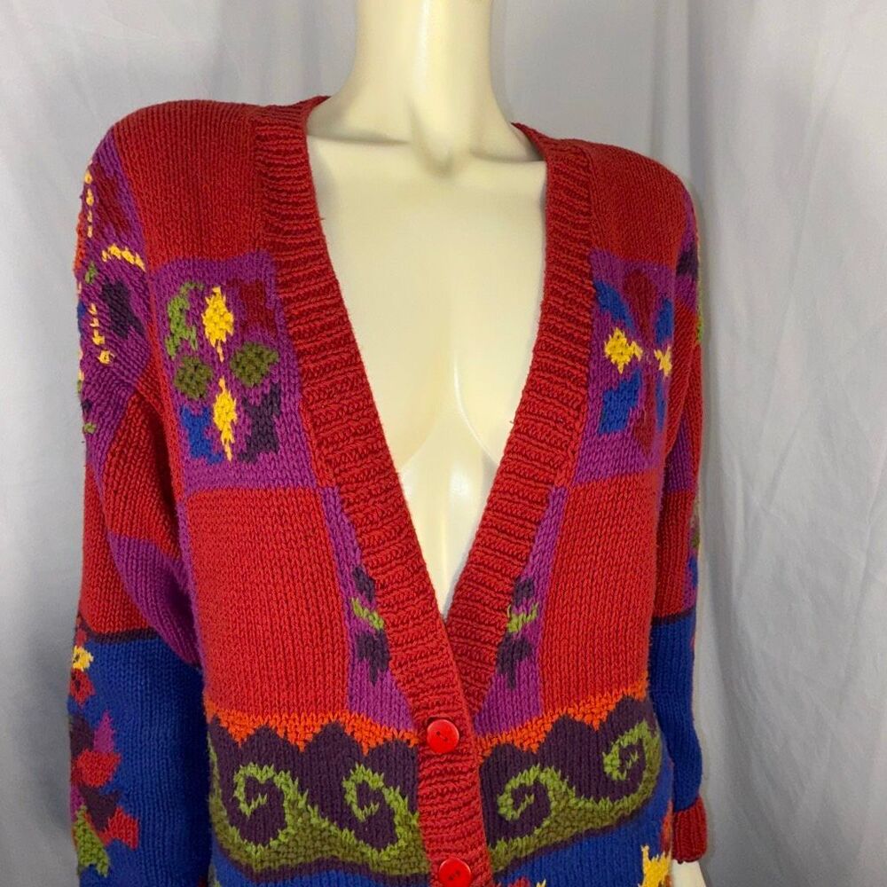 Vintage Jacquelyn by Browne Colorblock Floral Knit Cardigan Sweater | 80s 90s Bo - Picture 4 of 14